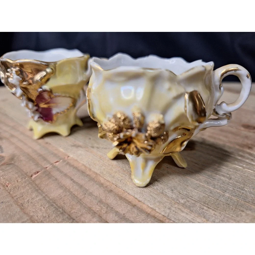 Vintage Footed Lusterware Porcelain Teacups Gold Gilt 3D Floral Applique Set / 2